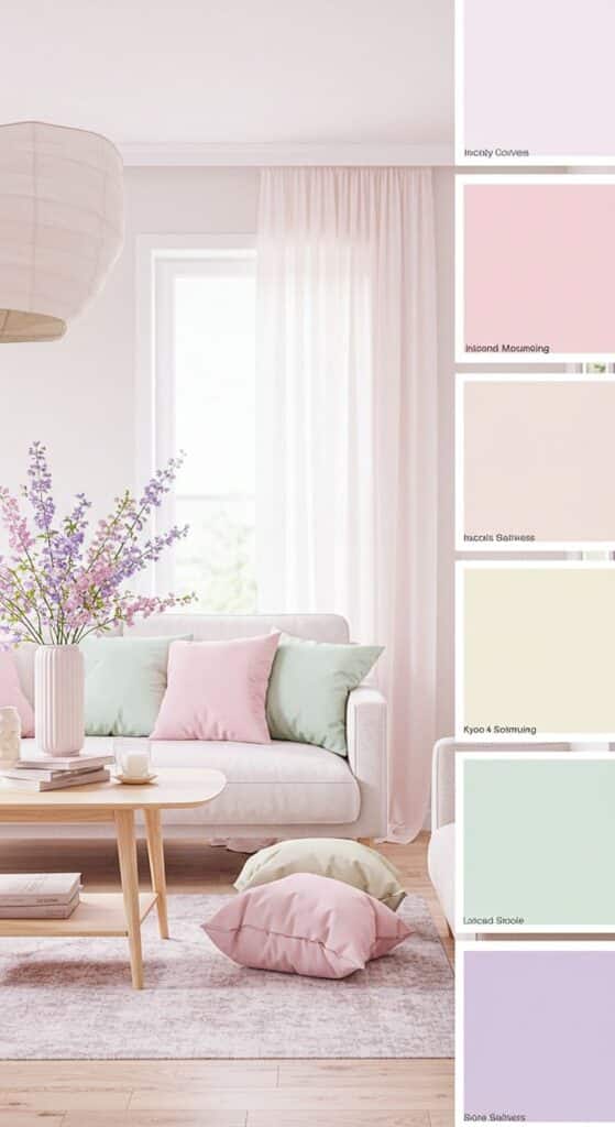 Minimalist living room with pastel decor, featuring pink and green accents, soft cushions, and lavender flowers in vase.