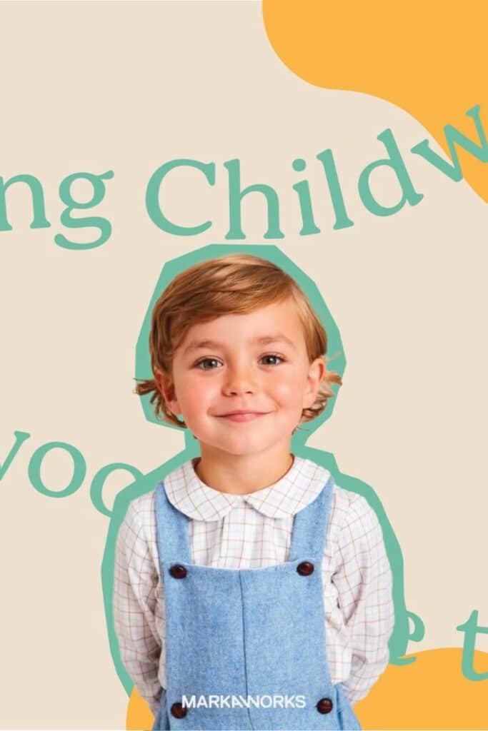 A smiling child in blue overalls with playful background text and colors, promoting joyful childhood themes.