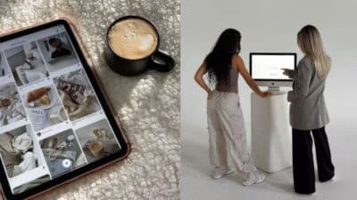 Tablet displaying lifestyle images, beside a coffee cup; two people collaborating at a computer workstation.