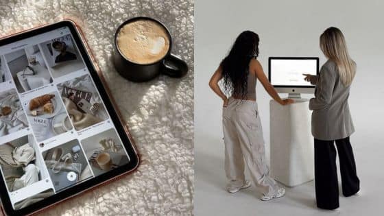 Discovering Path Social An Increase in Instagram Growth Tablet displaying lifestyle images, beside a coffee cup; two people collaborating at a computer workstation. | Sky Rye Design Tablet displaying lifestyle images, beside a coffee cup; two people collaborating at a computer workstation.
