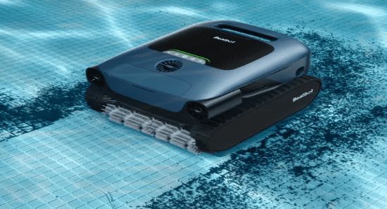Robotic pool cleaner scrubbing the bottom of a swimming pool for efficient cleaning and maintenance.