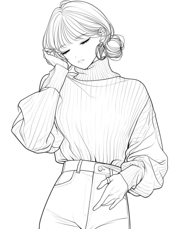 Anime girl in a cozy turtleneck sweater with closed eyes, wearing hoop earrings and resting her head on her hand.