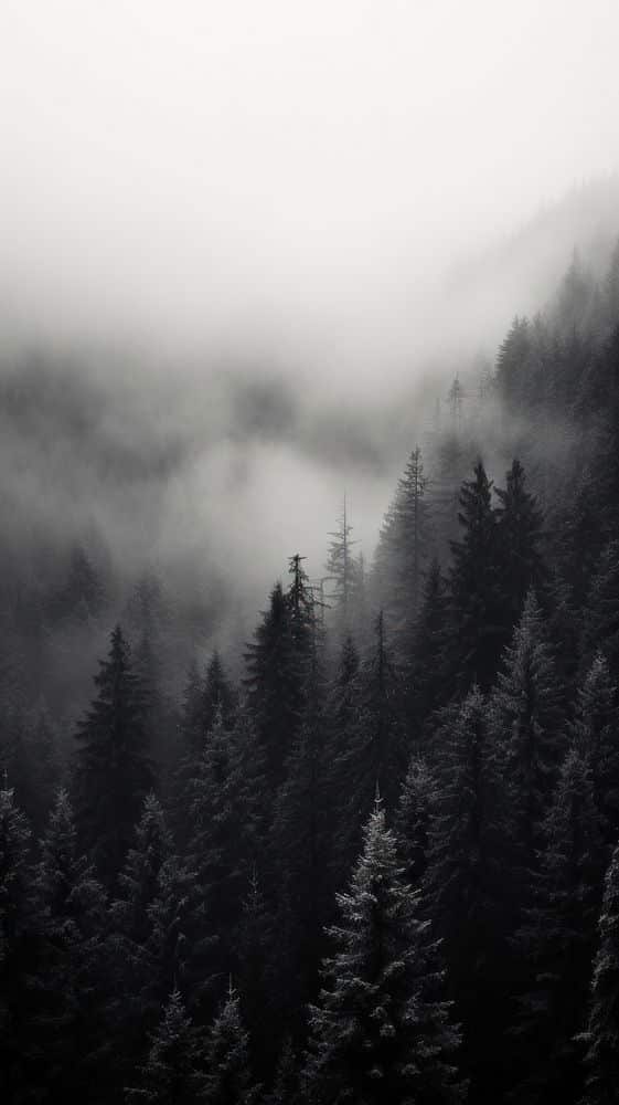 Foggy pine forest landscape with misty mountains in grayscale, creating a mysterious and serene atmosphere.