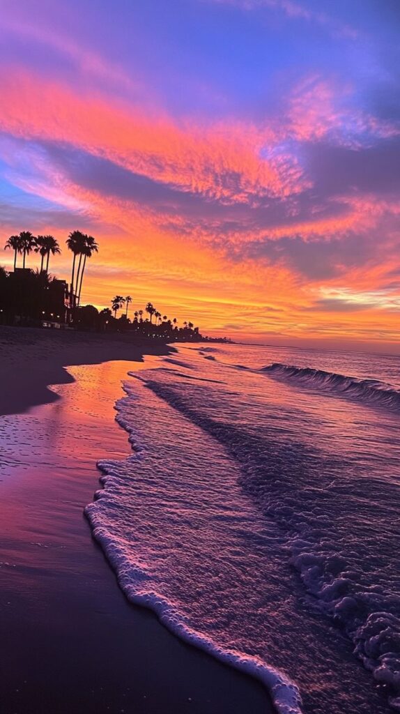 Vibrant sunset over a tropical beach with palm trees and colorful skies reflecting on ocean waves.