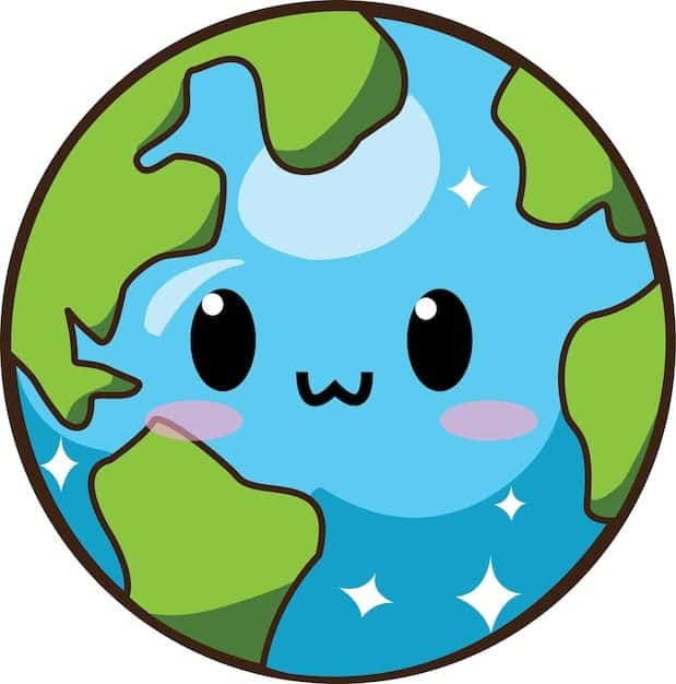 Cute cartoon Earth with a smiling face and sparkling eyes, featuring green continents and blue oceans.