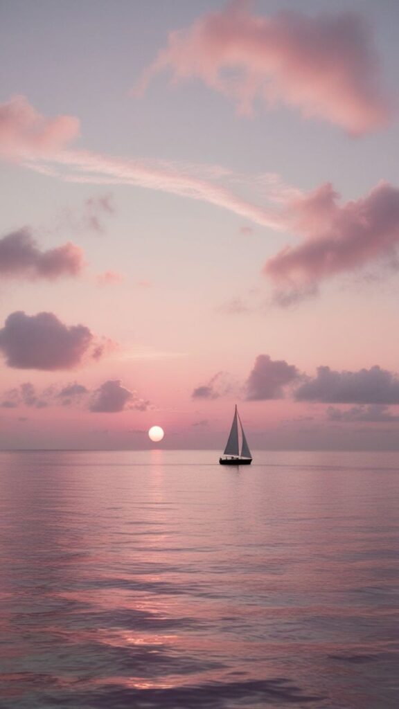 Sailboat on serene ocean at sunset with pink clouds and reflections on the water.