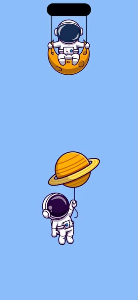 Astronaut swinging on moon and floating with Saturn balloon, cute space illustration, blue background.