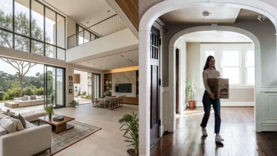 Easy Ways to Use Storage When Youre Between Homes Modern living room with large windows; woman carrying box in bright hallway. | Sky Rye Design Modern living room with large windows; woman carrying box in bright hallway.