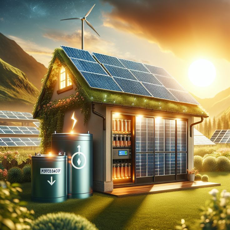 EcoFlow DELTA 1300 Solar Generator_ Power Up Your Adventures - Lade deine Abenteuer auf Eco-friendly house with solar panels and wind turbine, showcasing renewable energy in a scenic landscape at sunset. | Sky Rye Design Eco-friendly house with solar panels and wind turbine, showcasing renewable energy in a scenic landscape at sunset.