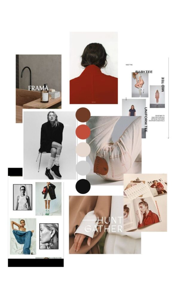 Fashion mood board collage with earthy tones, modern outfits, color swatches, and lifestyle elements for style inspiration.
