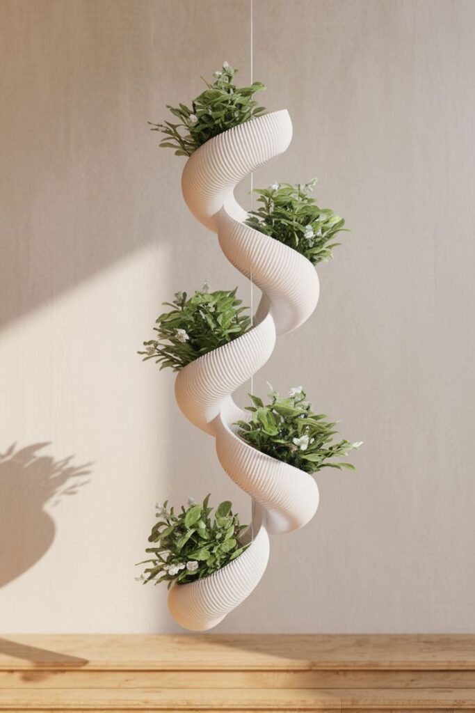 Spiral hanging planter with lush green plants against a neutral wall background.