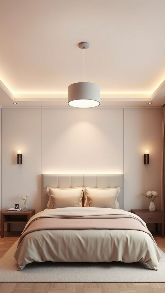 Minimalist bedroom with modern lighting, beige bedding, and wooden nightstands for a calming atmosphere.