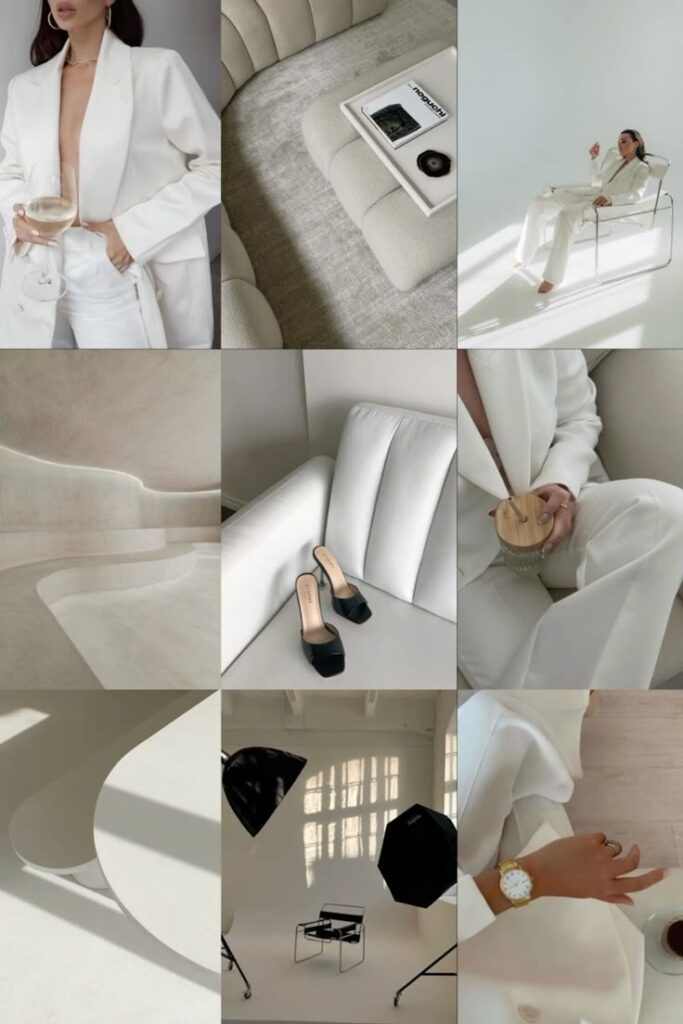Chic minimalist aesthetic collage: fashion, interiors, photography, and design in soft neutrals and sleek styles.