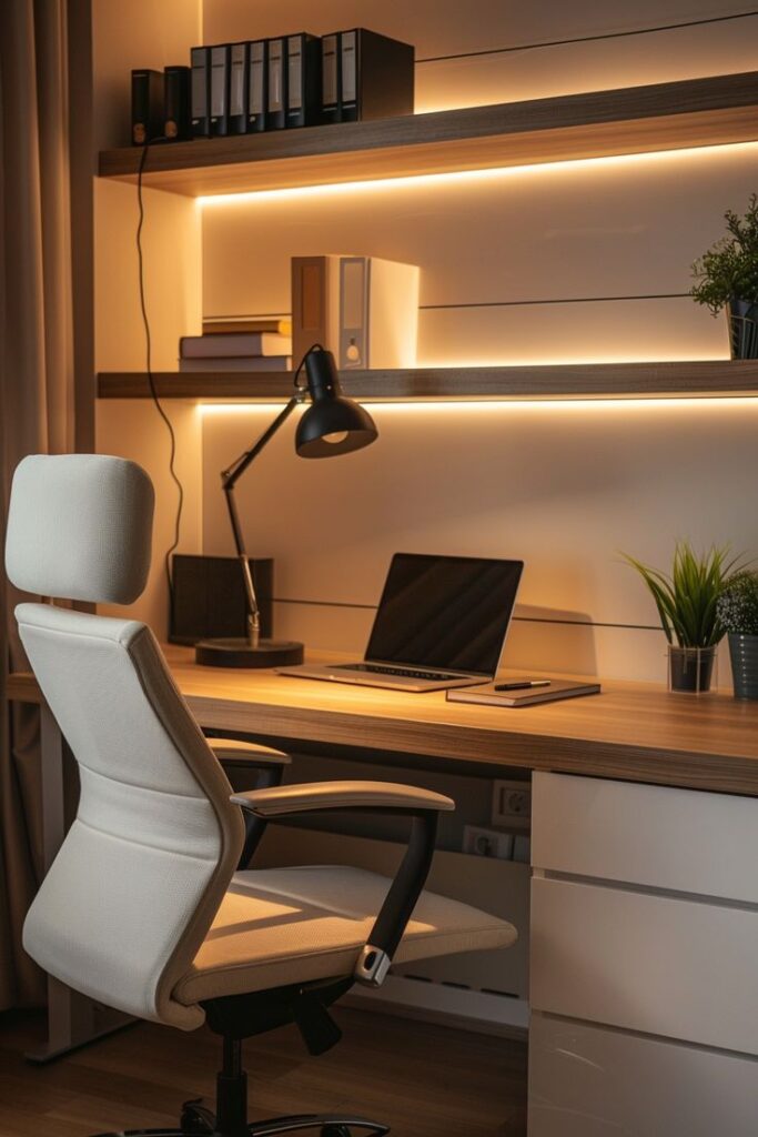 Modern home office setup with laptop, ergonomic chair, shelves, and warm lighting. Cozy workspace for productivity.