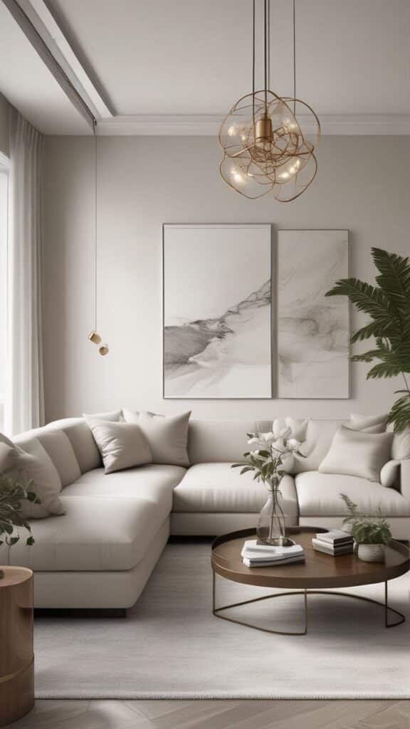 Modern living room with beige sectional sofa, round coffee table, stylish decor, and abstract wall art.