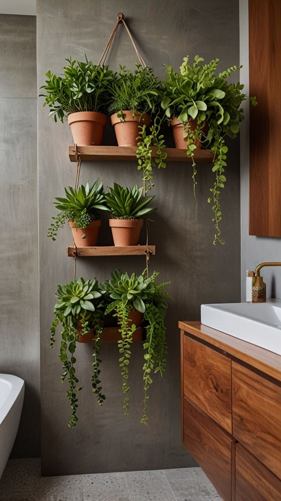 Hanging wooden shelves with potted green plants in a modern bathroom setting.