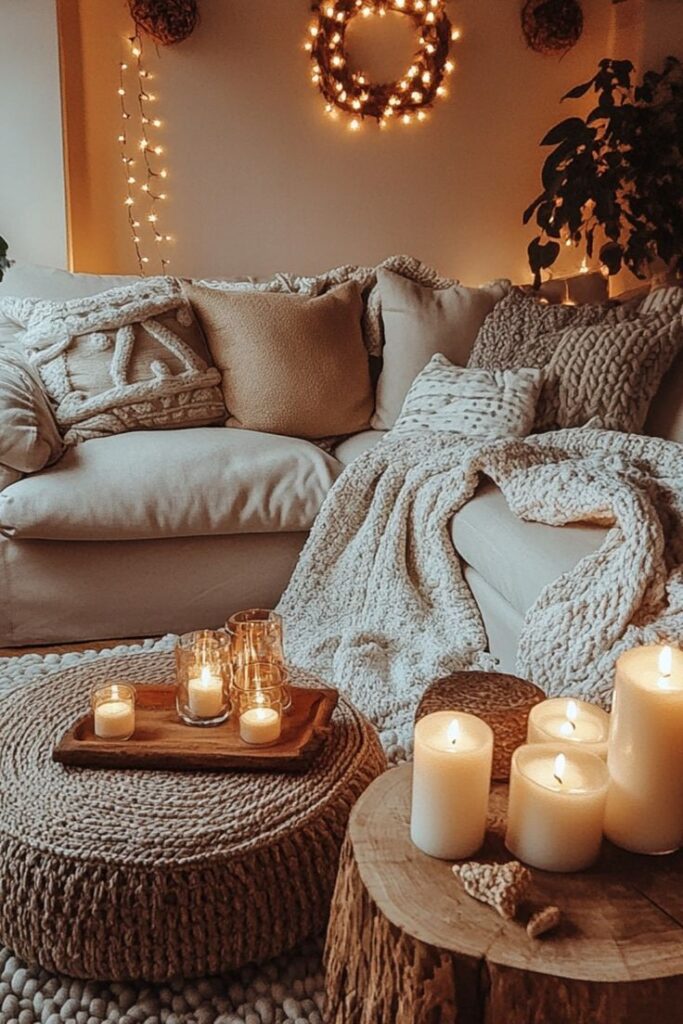 Cozy living room with soft pillows, blankets, and warm candlelight; perfect hygge ambiance for relaxing evenings.