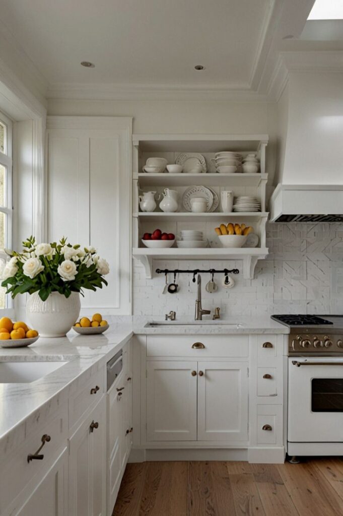 Elegant white kitchen with open shelving, fresh flowers, and fruits, featuring a farmhouse sink and classic stove.