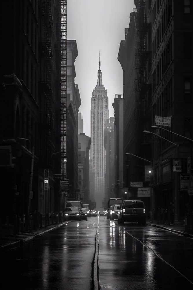Black and white photo of a city street with the Empire State Building in the background, capturing urban architecture.