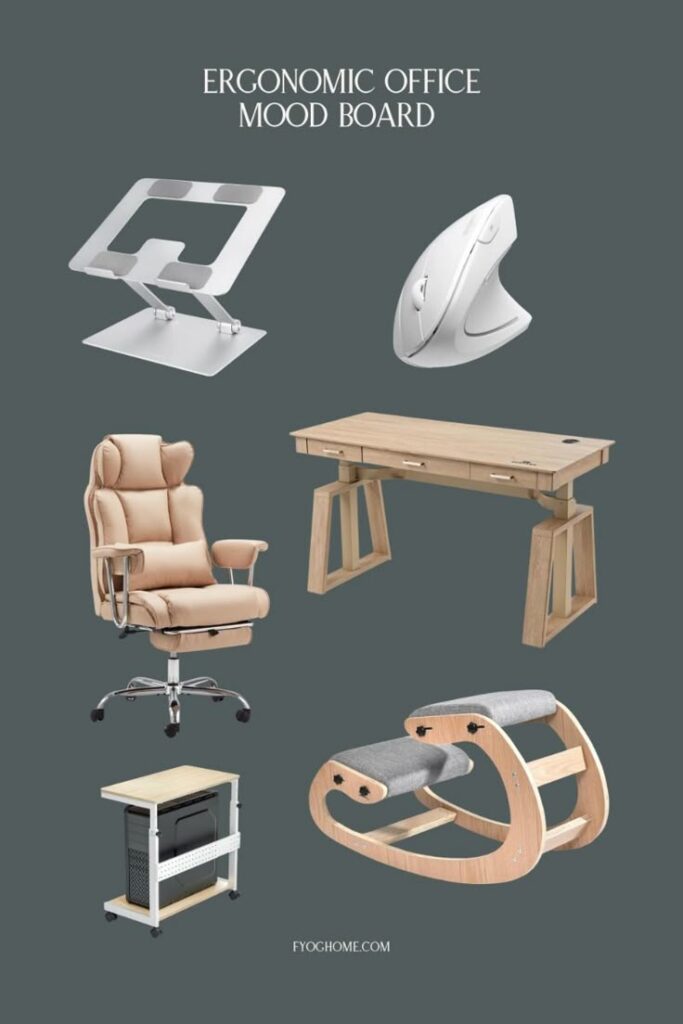 Ergonomic office essentials mood board featuring chair, desk, mouse, stand, and footrest for comfortable workspaces.