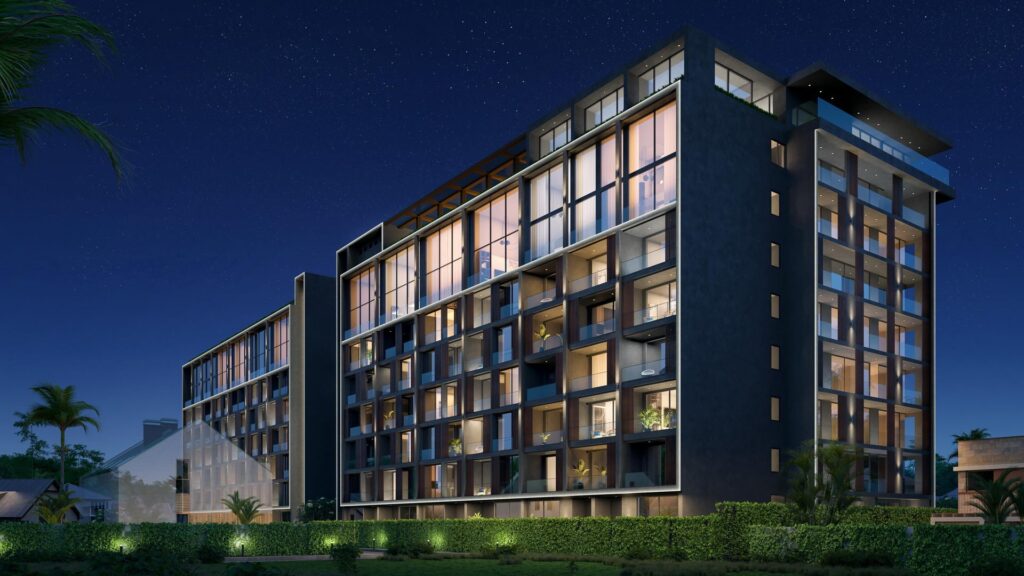 Essence-12 Modern apartment building at night, illuminated windows, green landscape, starry sky. | Sky Rye Design Modern apartment building at night, illuminated windows, green landscape, starry sky.