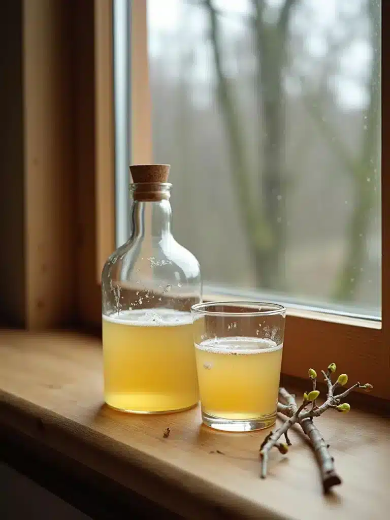 A glass and bottle of kombucha sit on a windowsill beside budding branches, with a blurry outdoor view.