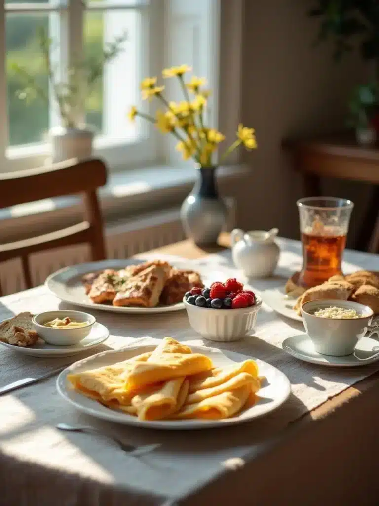 Cozy breakfast table with omelettes, fresh berries, pastries, tea, and a floral vase in sunlight.