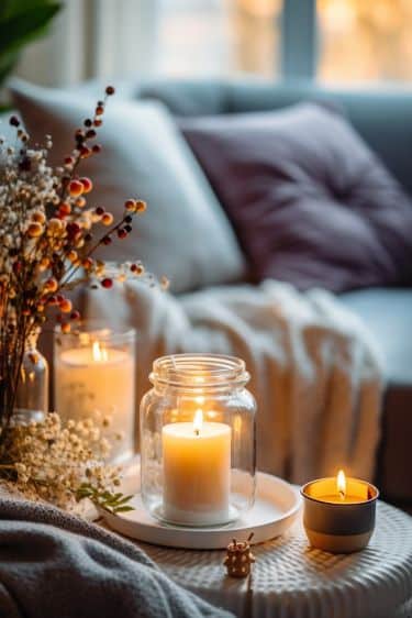 Cozy living room with lit candles, soft cushions, and warm blanket, creating a relaxing and inviting atmosphere.