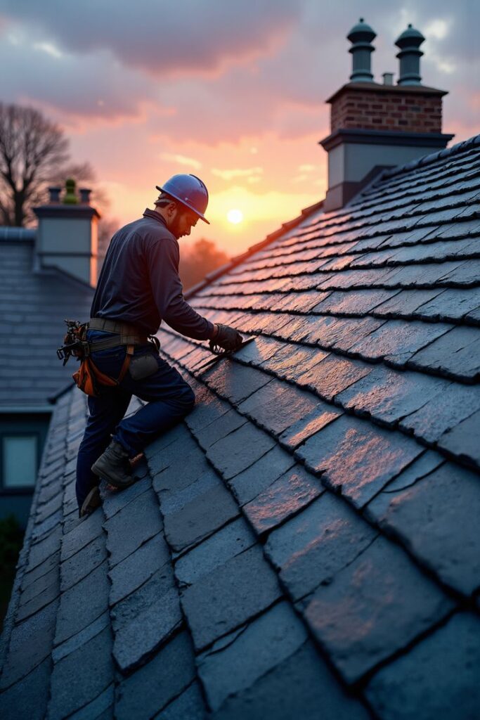 Roofer inspecting slate roof at sunset, wearing safety gear. Professional roofing services for durable home solutions.