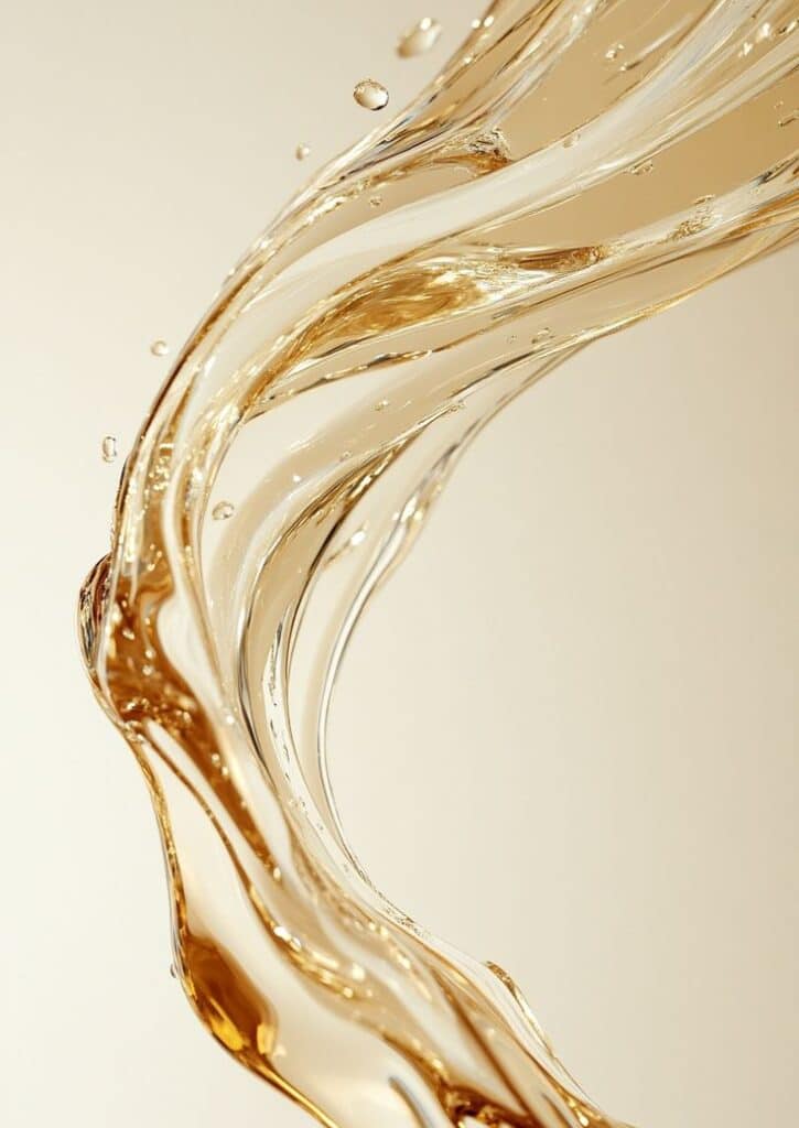 Golden liquid swirl on a beige background, showcasing smooth texture and motion. Perfect for oil or luxury product themes.