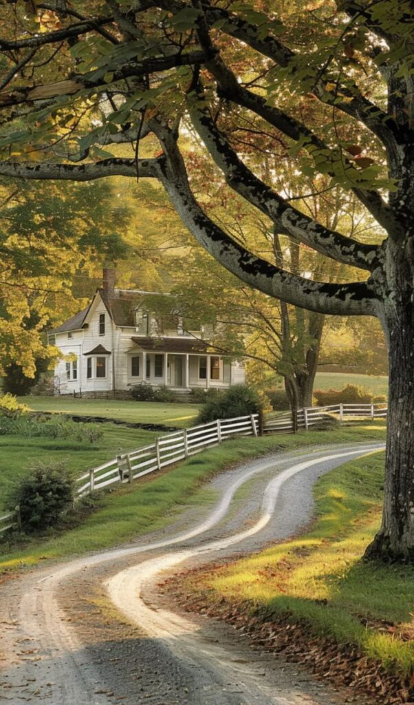 Explore eco-friendly design options for your Quaint country house with a winding dirt road lined by a white fence and lush trees in the foreground. | Sky Rye Design Quaint country house with a winding dirt road lined by a white fence and lush trees in the foreground.