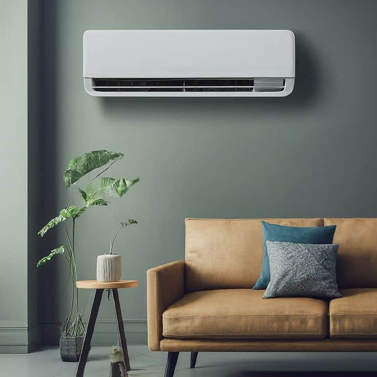 Modern living room with wall-mounted air conditioner, beige sofa, blue cushions, side table, and indoor plant.