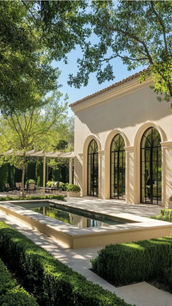 Elegant villa with large arched windows, surrounded by lush gardens and reflecting pool, under a canopy of green trees.