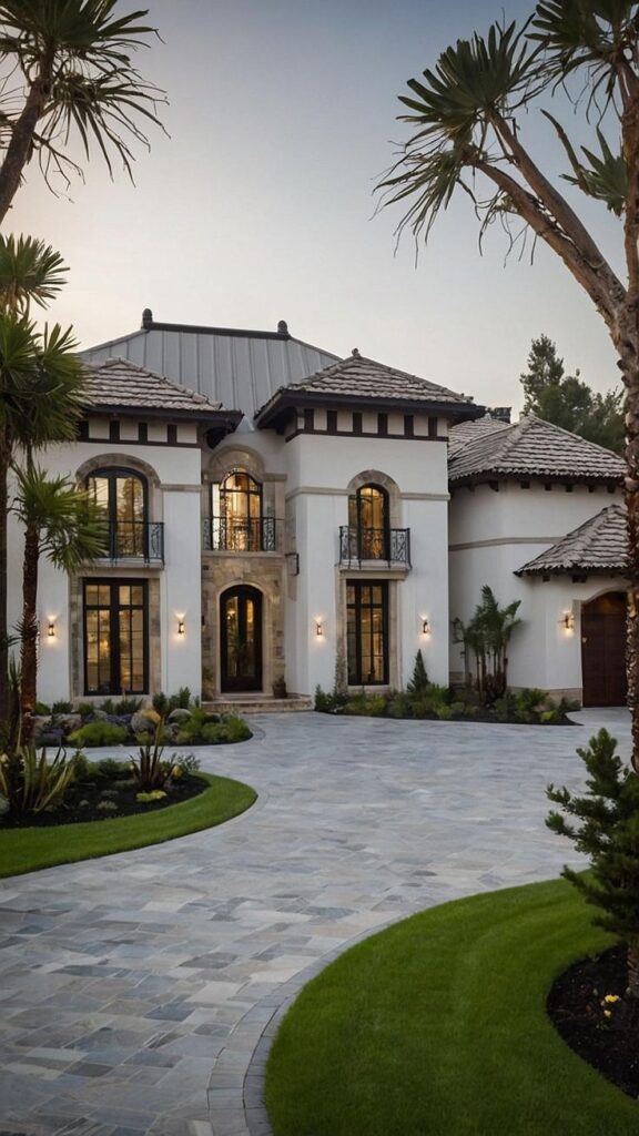 Elegant modern mansion with palm trees, curved driveway, and manicured lawn at sunset.