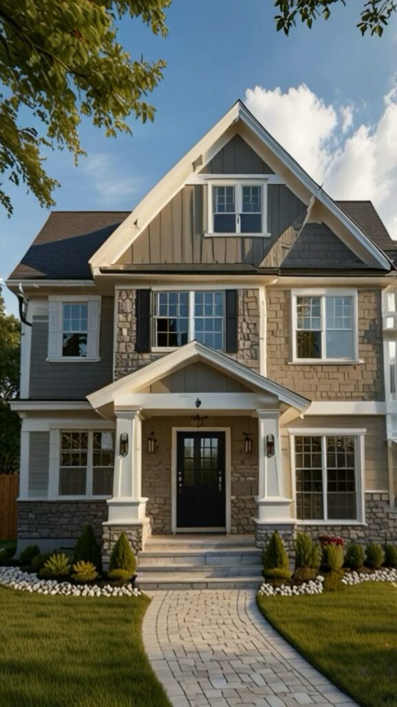 Explore the beauty of minimalist modern homes that Charming two-story house with stone facade, arched pathway, and manicured lawn under a clear blue sky. | Sky Rye Design Charming two-story house with stone facade, arched pathway, and manicured lawn under a clear blue sky.