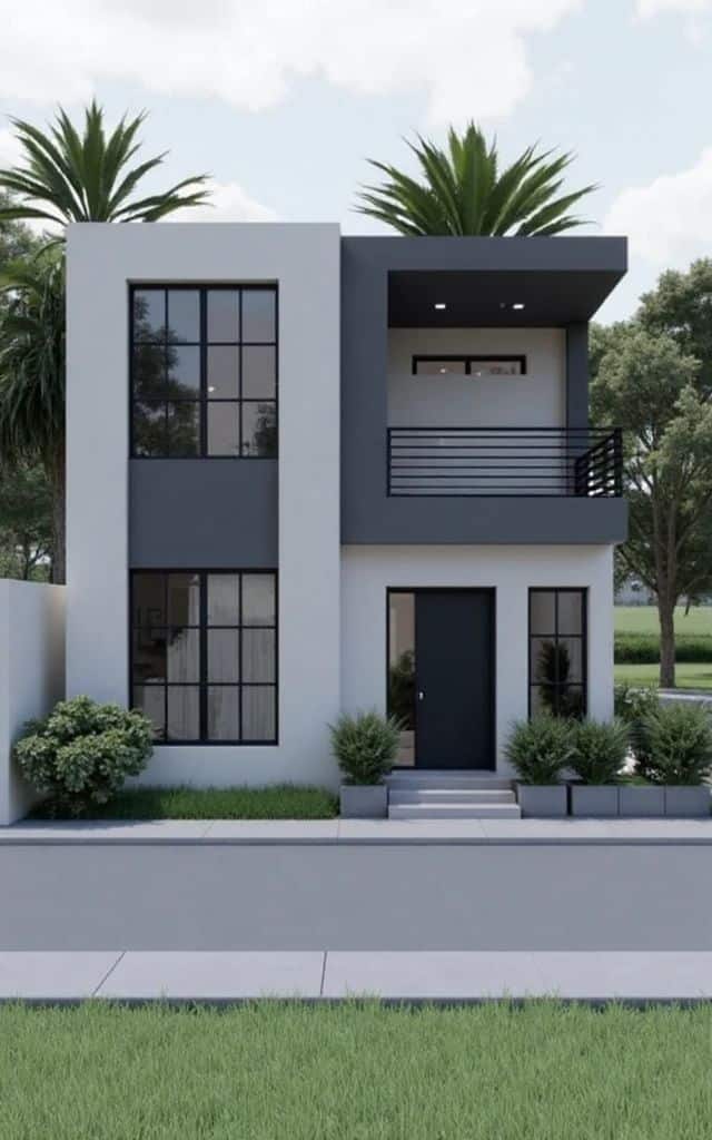 Modern two-story house with large windows and minimalist design surrounded by greenery.