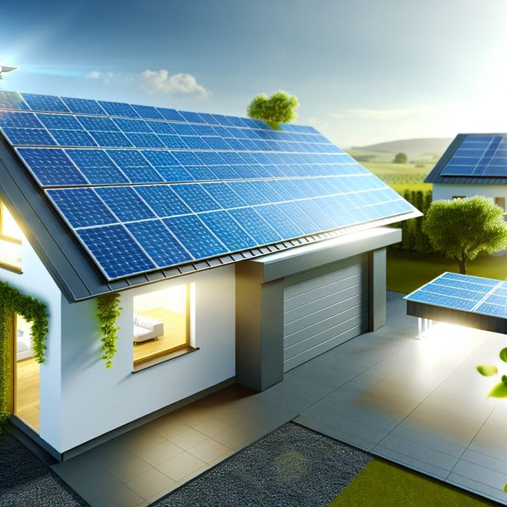Modern house with solar panels on the roof, showcasing sustainable energy in a sunny residential setting.
