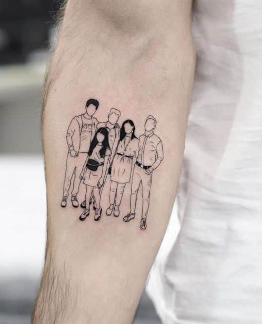 Minimalist tattoo of a group photo on a forearm, showing outlined figures in casual attire.