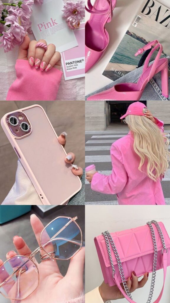 Collage of pink fashion accessories: nails, heels, smartphone, cap, sunglasses, and bag. Stylish and trendy pink-themed items.