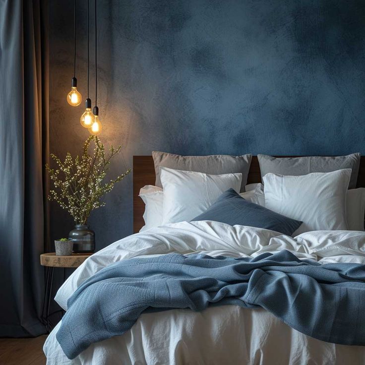 Cozy bedroom with soft lighting, white bedding, blue accents, and decorative plant on a wooden nightstand.