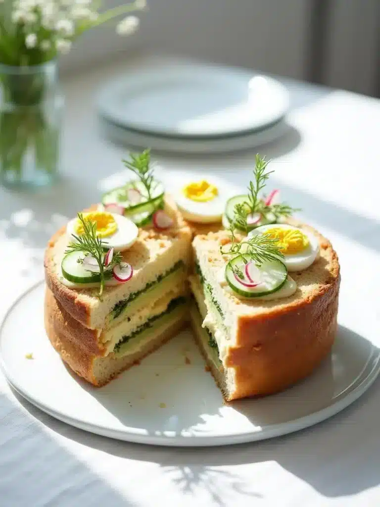 Savory sandwich cake with eggs, cucumber, and herbs on a plate. Perfect for brunch or a garden party.