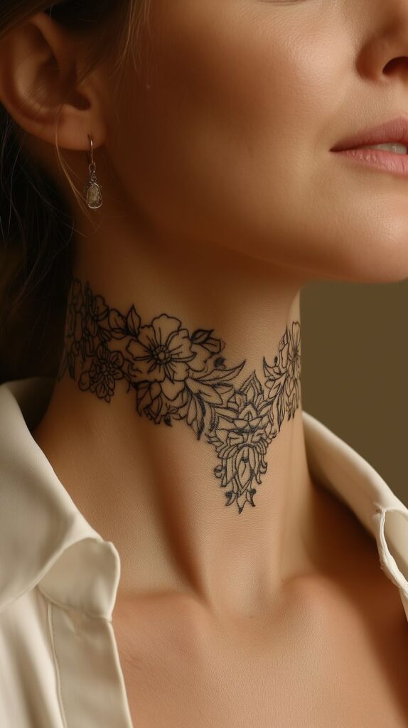 Floral neck tattoo on woman's neck, close-up view, highlighting intricate black and white flower design.