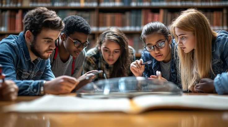 Group of diverse students focused on a book in a library, collaborating and learning together in study session.