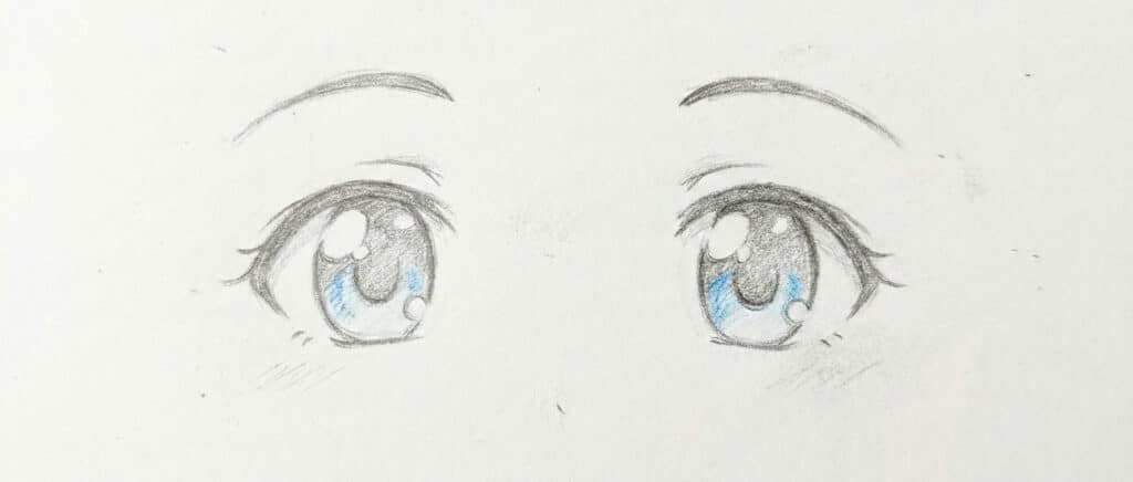 Frame 427321184 Anime-style pencil sketch of wide, expressive eyes with blue highlights, conveying a sense of curiosity and wonder on a | Sky Rye Design Anime-style pencil sketch of wide, expressive eyes with blue highlights, conveying a sense of curiosity and wonder on a