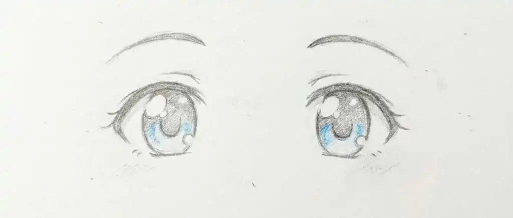Anime-style pencil sketch of wide, expressive eyes with blue highlights, conveying a sense of curiosity and wonder on a