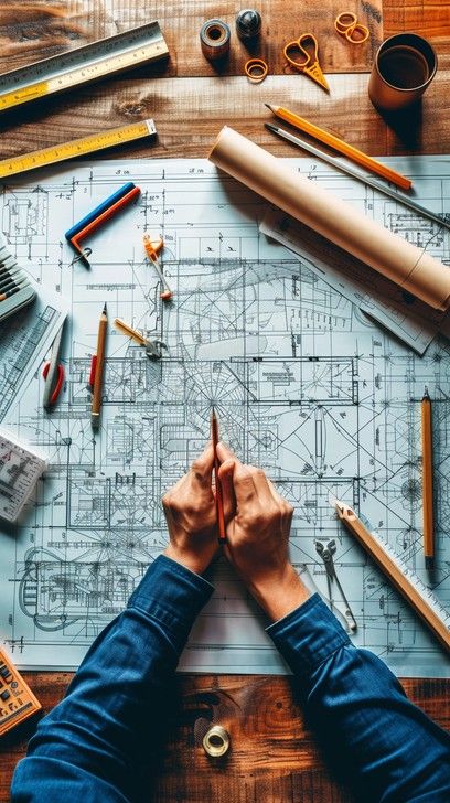 Architect examining blueprints on a desk with drafting tools and pencils, conveying design and planning precision.
