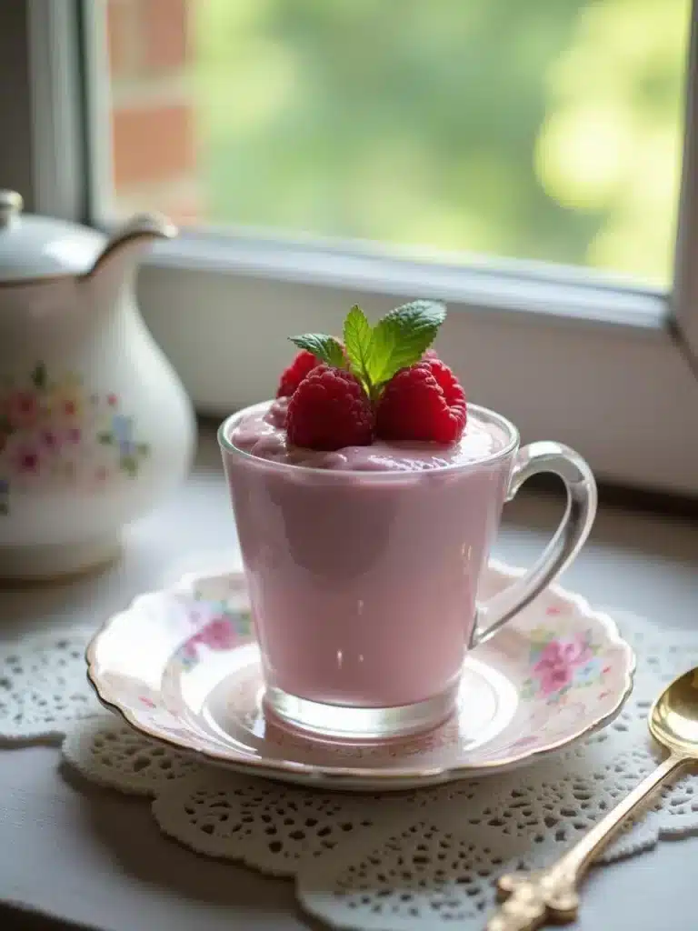 Pink yogurt topped with raspberries and mint in a floral cup on a saucer, beside a teapot, by a sunny window.