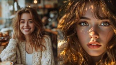 Smiling woman in a cozy cafe and close-up portrait with natural light highlights, showcasing autumn vibes.