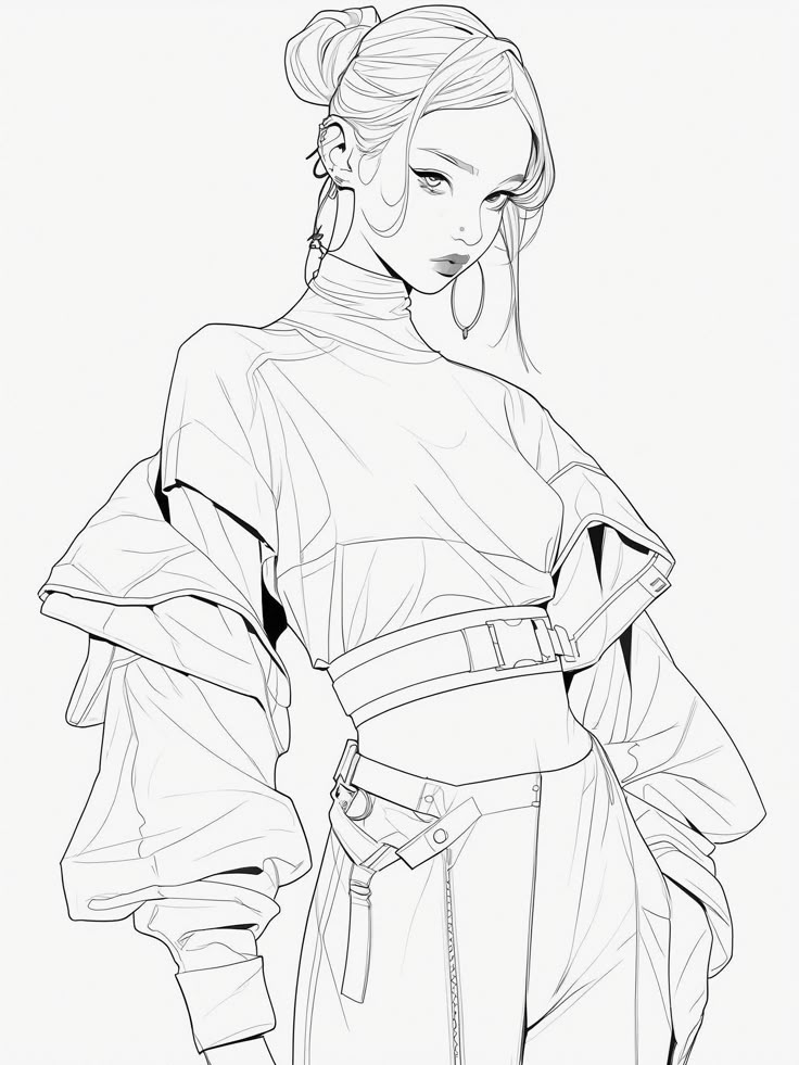 Stylish line art of a woman in trendy fashion with a high bun and large earrings. Minimalist monochrome illustration.