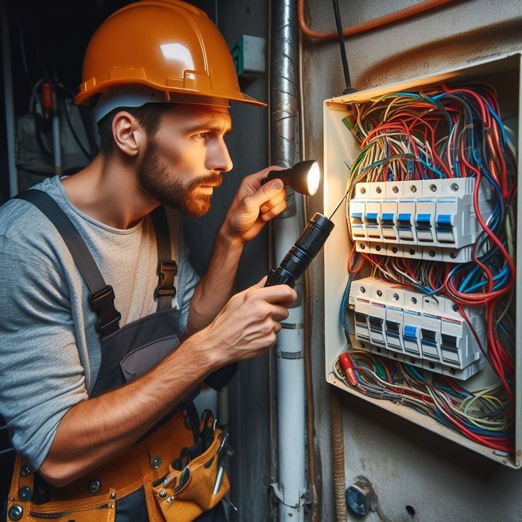 Electrician in hard hat inspecting a circuit breaker panel with flashlight.